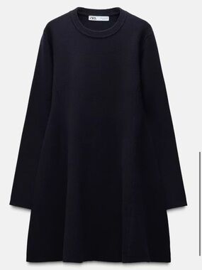 Zara Navy Blue Knit Dress Long Sleeve A-Line Size L NWT